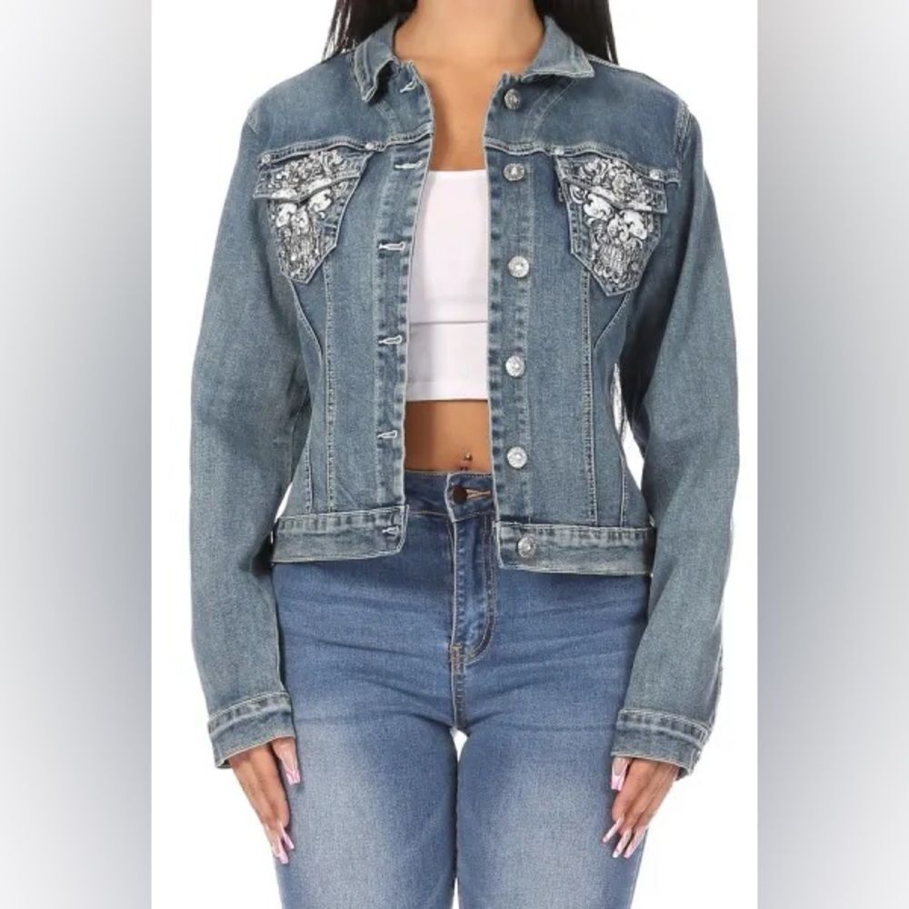 Platinum Plush Rhinestone Denim Jacket with Candy Skull Design - Picture 4 of 8
